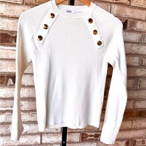 Zara White and Gold Crew Neck Sweater